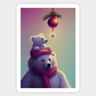 A polar bear in a red scarf with a bear cub on his shoulders. Sticker